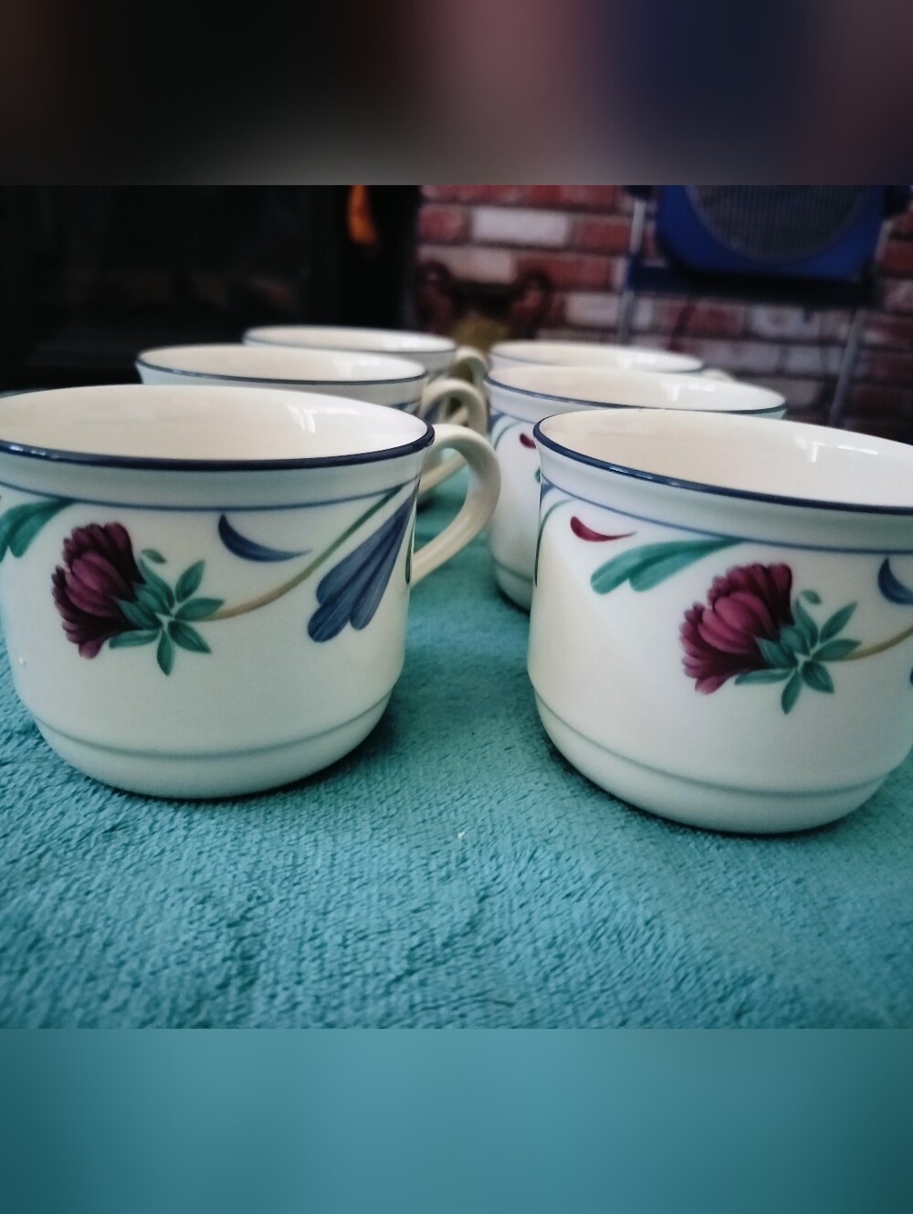 Vintage Lenox Chinastone Poppies on Blue Cups Mugs Set of 6 USA Retired